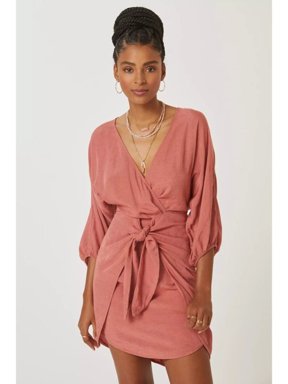 Anthropologie NWT Puff-Sleeve Wrap Mini Dress Linen Blend in Pink size 2